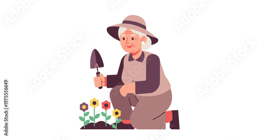 Elderly woman in sun hat joyfully gardening with a trowel, planting colorful flowers on a white background, illustration