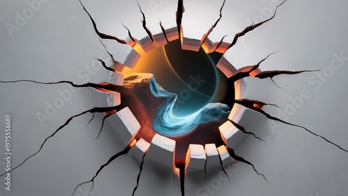 A vibrant blue light bursts through a cracked wall, creating a dramatic and intense scene.