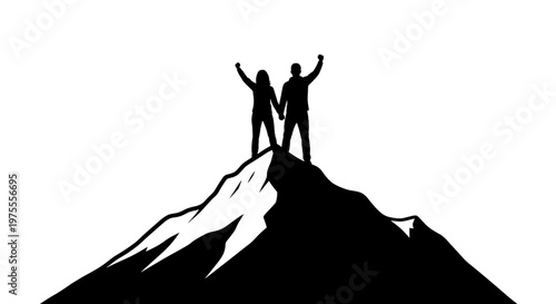 Silhouette of a couple triumphantly standing on a mountain top with arms raised, set against a stark white background, symbolizing achievement and adventure