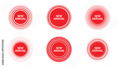 Modern red new arrival badge collection, promotional sale tags icon and burst stickers icon set.
