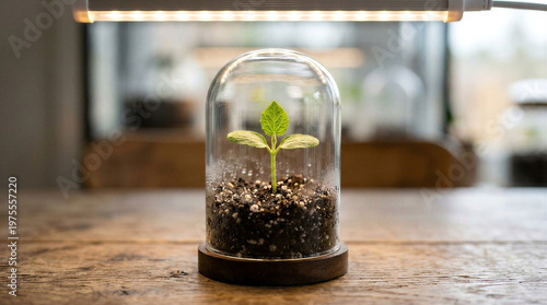 Young plant growing inside glass dome on wooden table in soft natural light. Concept of protected growth, sustainability, and controlled environment for future development.