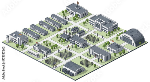Isometric 3D illustration shows a detailed military headquarters, complete with barracks, administrative buildings, and hangars, rendered in a clean, vector style against a neutral