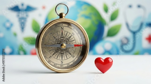 Vintage brass compass and red heart symbolizing medical guidance and global health direction for healthcare and wellness journey