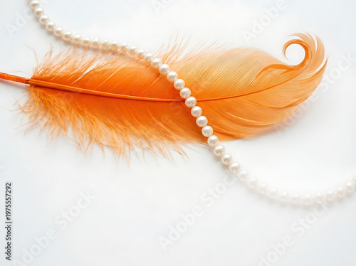 Orange Feather and White Pearl Necklace on a Bright Minimalist Background