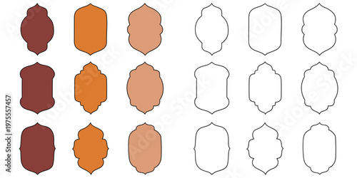 Hand-drawn cartoon and doodle set of islamic ramadan frame arches on a white background.