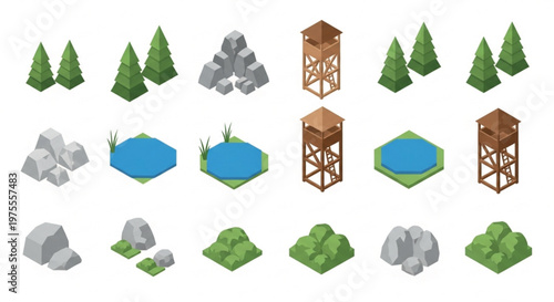 Isometric forest landscape elements set, 18 nature environment icons with trees and rocks, wooden watchtower and lake vector assets