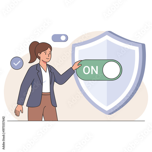 A woman activates a large shield with a toggle switch.