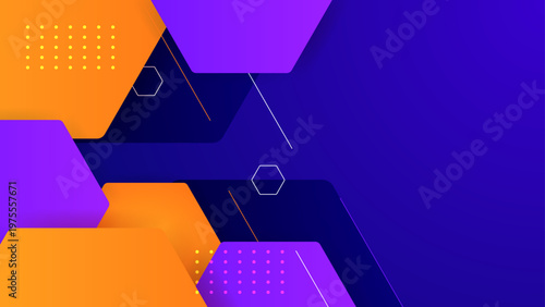 Abstract geometric layout featuring orange and purple hexagonal shapes with dotted accents on a dark blue backdrop