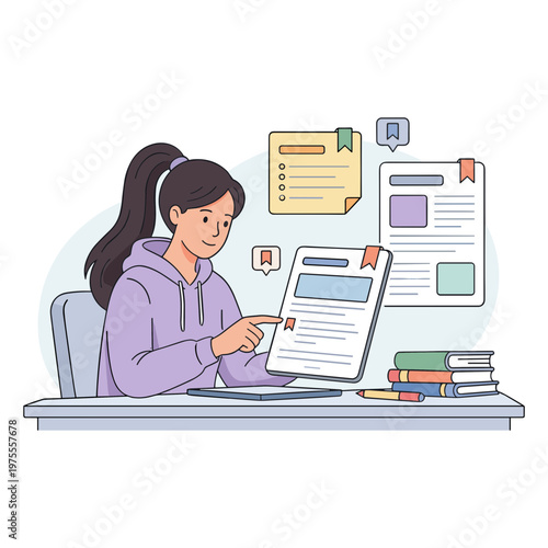 A young woman studies intently at her desk with books and laptop