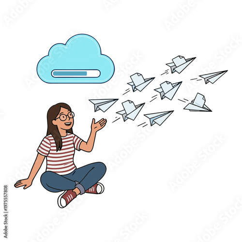 Woman sitting cross-legged outdoors releasing paper airplanes from a cloud.