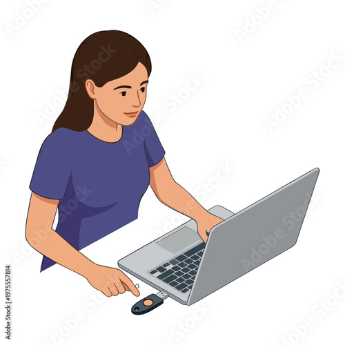A woman uses a laptop and mouse while sitting indoors.