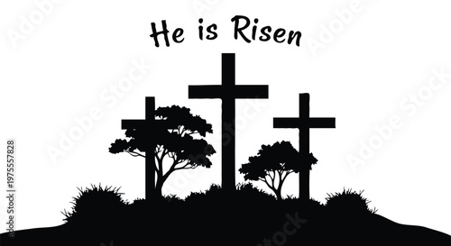 He is Risen Easter Concept with Three Crosses and Sunrise Background