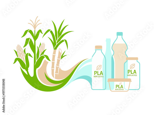 Illustrative concept of bioplastic production, showing renewable agricultural crops like corn and sugarcane transforming into eco-friendly PLA plastic packaging