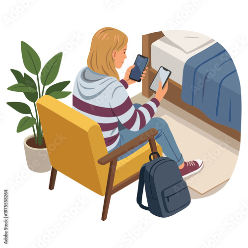 Woman sitting in chair holds phone and tablet beside plant and bed
