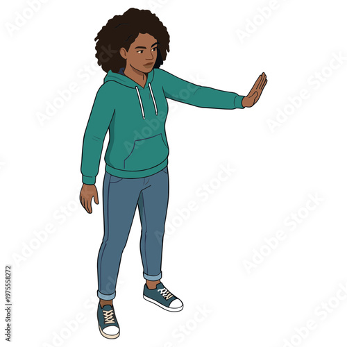 A cartoon woman wearing a green hoodie extends her arm sideways in a stop gesture.