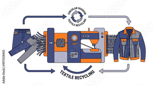 Vector illustration depicting the circular fashion economy, showcasing the textile recycling process where old garments are transformed into new apparel through sustainable manufacturing practices