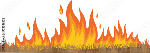 Wildfire flames burning dry grass landscape intense fire hazard illustration