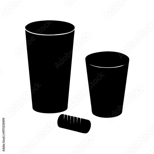 Isolated 3d vector of a black trash bin icon next to a disposable plastic coffee cup and empty paper beverage container for recycle packaging design