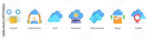 Enterprise Cloud web banner icon vector illustration featuring Processor, Customer Service, Cloud, Cloud Server, Cloud Computing, Backup, and Location.