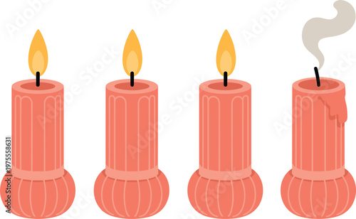 Burning candle stages illustration with melting wax and smoke progression sequence