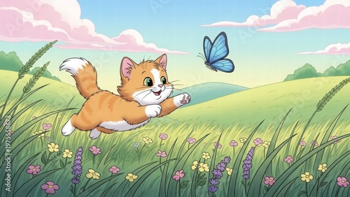 Whimsical Kitten Chasing Butterfly: A playful kitten joyfully leaps towards a fluttering butterfly in a vibrant field, capturing the essence of childhood innocence and joyful exploration.
