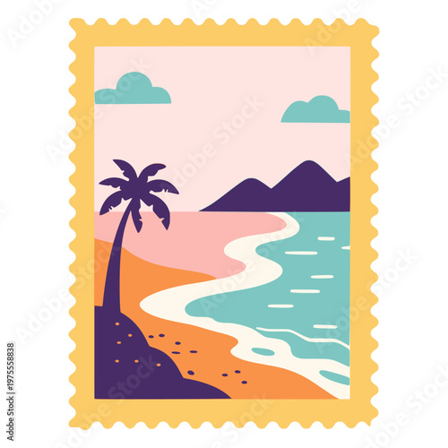 postage stamp landscape beach view flat color vector illustration template design