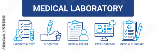 Medical Laboratory web banner icon vector illustration concept with icons of laboratory test, blood test, medical report, patient record, and medical clipboard.