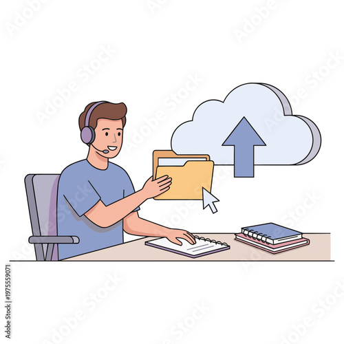 Man uploading file to cloud storage while sitting at desk