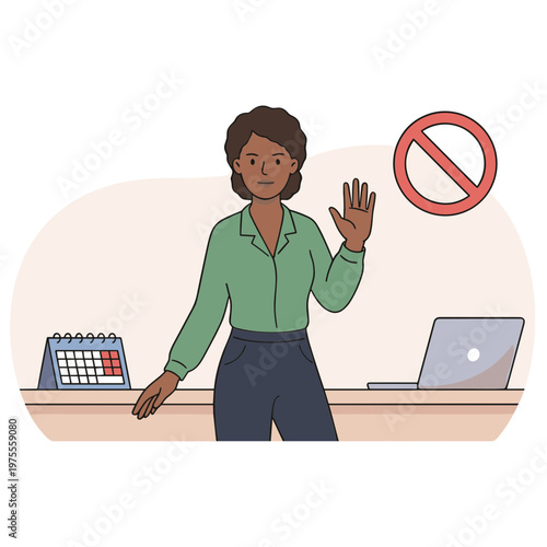 Woman waves hand near laptop and calendar on desk with prohibition sign