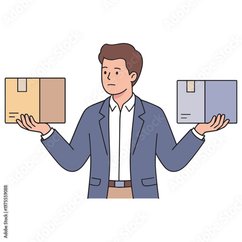A man in a blue blazer compares two boxes in his hands.