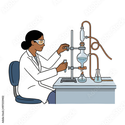 A woman in a lab coat operates complex laboratory equipment with care.