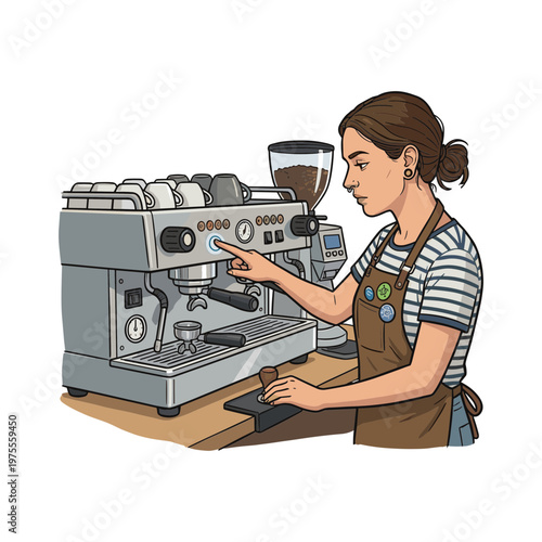 Woman in apron operates espresso machine at coffee shop counter indoors.
