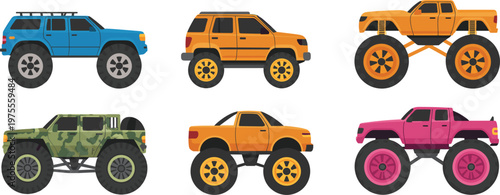 Monster trucks and SUVs set featuring rugged vehicles in vibrant vector style