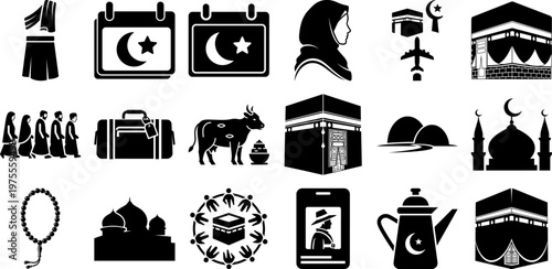 Islamic symbols and objects for hajj and Eid celebrations on white background