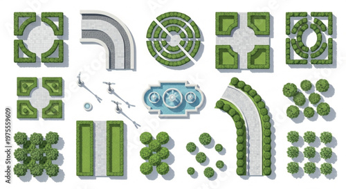 Landscape design elements top view, garden map constructor with 15 vector icons, green hedge maze and fountain for park planning