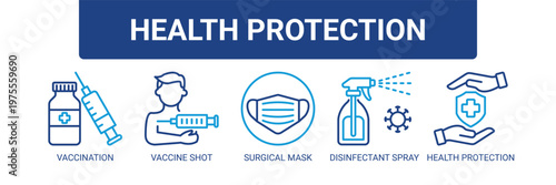 Health Protection web banner icon vector illustration concept with icons of vaccination, vaccine shot, surgical mask, disinfectant spray, and health protection.