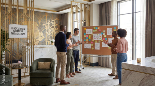 Art deco luxurious spa environment agile teamwork concept. Team brainstorming in a modern office space with a presentation board.