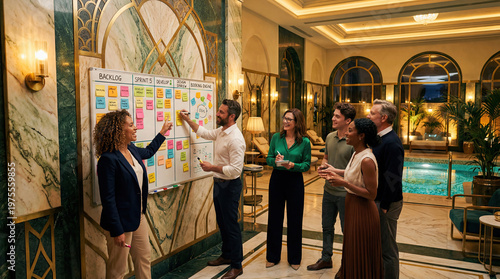 Art deco luxurious spa environment agile teamwork concept. Team collaborates in a stylish meeting space with brainstorming.