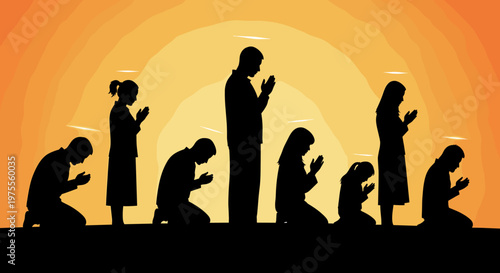 Silhouettes of diverse people praying or meditating with halos against a warm, glowing sunset or sunrise sky, symbolizing faith and spiritual connection.