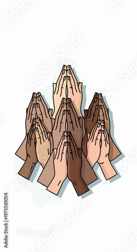 Diverse hands clasped in prayer, symbolizing unity, faith, and collective spirituality across different cultures and backgrounds.