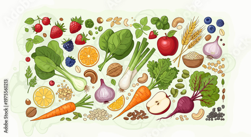 A vibrant and abundant assortment of fresh fruits, vegetables, nuts, and grains artfully arranged on a light background, showcasing a healthy and diverse diet.
