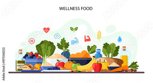 A vibrant illustration showcasing a diverse array of healthy foods and wellness icons, promoting a balanced and nutritious lifestyle.