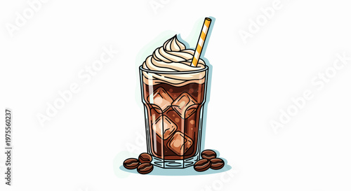 A refreshing iced coffee drink topped with whipped cream and a straw, surrounded by coffee beans.