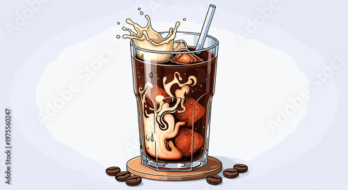 A tall glass of iced coffee with cream swirling into the dark liquid, creating a beautiful pattern, with ice cubes and coffee beans scattered around.