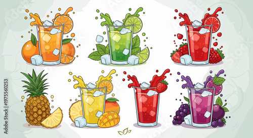 A vibrant collection of refreshing fruit juices and drinks, bursting with color and ice, perfect for a hot day.