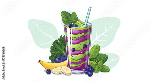 A vibrant, layered smoothie in a tall glass, featuring swirls of purple and green, garnished with fresh blueberries, spinach, and mint, with banana and kale as supporting ingredients.