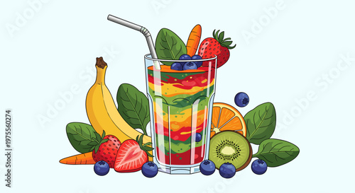 A vibrant, layered smoothie in a tall glass, surrounded by fresh fruits and vegetables like bananas, strawberries, blueberries, oranges, kiwis, carrots, and spinach.