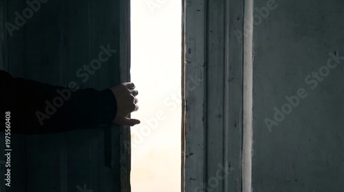 Human hand reaches out to open a wooden door revealing a bright glowing light shining through the frame as a symbol of hope and new beginnings soon