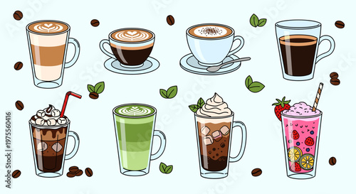 Collection of various coffee drinks, hot beverages, and cold refreshments with scattered coffee beans and mint leaves.
