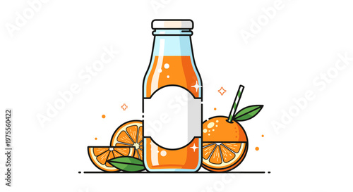 A refreshing bottle of orange juice with sliced oranges and green leaves, perfect for a healthy lifestyle.